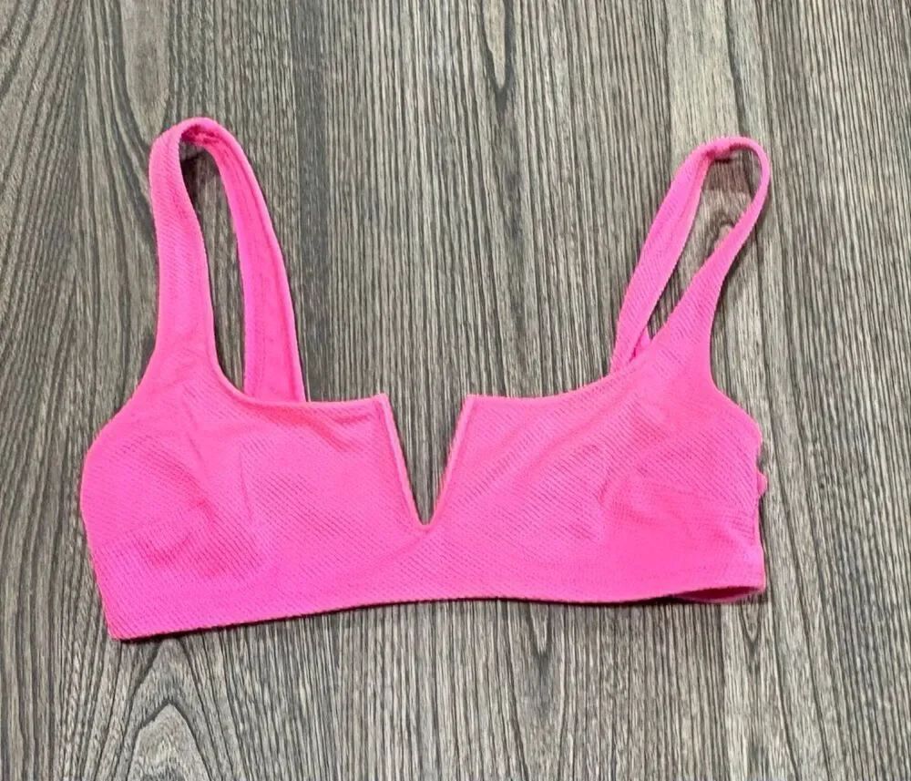 Aerie Women's Textured Real Good Shine Pique V Wire Scoop Bikini Top Pink Small